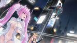  3girls azur_lane blonde_hair blue_ribbon breasts bright_pupils cape center_opening city city_lights cleavage cleavage_cutout clothing_cutout covered_navel game_cg green_hair highres holding leotard looking_to_the_side marco_polo_(azur_lane) multiple_girls night non-web_source pasadena_(azur_lane) pink_eyes pink_hair red_eyes ribbon symbol-shaped_pupils white_pupils william_d._porter_(azur_lane) 