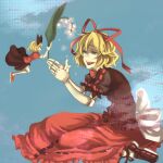  2girls aqua_background back_ribbon black_shirt blonde_hair blue_eyes collar doll_joints fairy hair_between_eyes hair_ribbon joints lowres medicine_melancholy medium_hair multiple_girls open_mouth puffy_short_sleeves puffy_sleeves red_ribbon red_shoes red_skirt ribbon ribbon_trim shirotsume shirt shoes short_sleeves sitting skirt smile su-san teeth touhou upper_teeth_only white_collar white_ribbon 