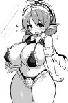  1girl akure_ekuto animal_ears arm_strap bikini bird_ears blush bow bowtie breasts collar embarrassed frilled_bikini frilled_hairband frills greyscale hairband highres large_breasts looking_at_viewer medium_hair midriff monochrome mystia_lorelei navel parted_lips request_inset solo sweatdrop swimsuit thick_thighs thighs touhou wings 
