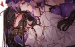  2girls black_gloves black_hair black_swan_(honkai:_star_rail) blush breasts claw_ring cleavage commentary covering_another's_mouth detached_sleeves dress english_commentary gloves grabbing_another's_arm hand_over_another's_mouth hat heart heart-shaped_pupils highres honkai:_star_rail honkai_(series) large_breasts licking_horn long_hair long_sleeves mole mole_under_eye multiple_girls par_sato purple_dress purple_eyes purple_hair purple_veil smile symbol-shaped_pupils the_dahlia_(honkai:_star_rail) veil white_dress white_hat yuri 