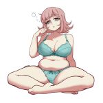  1girl bra breasts brown_hair cleavage danganronpa_(series) danganronpa_2:_goodbye_despair flipped_hair full_body green_bra green_panties highres large_breasts looking_at_viewer medium_hair mole mole_on_breast nanami_chiaki navel no_hair_ornament panties parta_228 pink_eyes sleepy solo underwear 