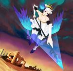  bare_shoulders blue_eyes detached_sleeves dress flying full_body gwendolyn odin_sphere polearm ruins sawa_(textic) serious silver_hair sky solo star_(sky) starry_sky strapless strapless_dress tiara twilight valkyrie weapon wings 