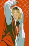  1boy black_hair blonde_hair closed_mouth haikyuu!! hood hoodie huangdanlan kozume_kenma looking_to_the_side male_focus multicolored_hair nekoma_volleyball_uniform red_background roots_(hair) short_hair simple_background slit_pupils solo sportswear two-tone_hair two-tone_hoodie upper_body volleyball_uniform yellow_eyes 
