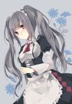  apron ascot bad_id bad_pixiv_id black_dress bow brown_eyes corset dress flower grey_hair long_hair looking_at_viewer maid maid_headdress original puffy_sleeves smile solo twintails yunohito 