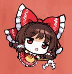  1girl asakura_maru ascot bow brown_hair chibi chibi_only commentary_request frilled_bow frilled_hair_tubes frills gohei hair_bow hair_tubes hakurei_reimu holding holding_gohei long_hair open_mouth red_background red_bow red_eyes red_skirt simple_background skirt skirt_set solo touhou yellow_ascot 