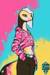 abstract_background anthro bright_colors clothing female hair hi_res hoodie josiedink lizard midriff reptile scalie skink solo standing tail topwear white_hair yellow_body yellow_skin