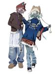  1boy 1girl animal_ears animal_hat backpack bag blue_shirt boy_vajra_(fate) brown_hoodie cat_ears cat_hat closed_mouth colored_skin denim eye_print fate/grand_order fate_(series) flannel fringe_trim girl_vajra_(fate) green_eyes green_hair grey_skin hair_ornament hairclip hand_in_pocket handbag hat highres hood hoodie inseong_indaeyo jeans leaning_to_the_side long_hair looking_at_viewer loose_socks nail_polish outstretched_arms pants pink_hair pom_pom_(clothes) profile red_eyes shirt shoes short_hair smile sneakers socks tongue tongue_out torn_clothes torn_jeans torn_pants 