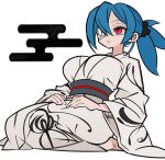  1girl alternate_costume barefoot blue_hair breasts closed_mouth cxdotchison egasumi full_body highres large_breasts looking_ahead ponytail red_eyes scar scar_on_face scar_on_mouth simple_background sitting skullgirls solo valentine_(skullgirls) wariza white_background 