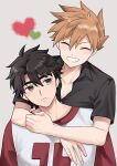  2boys ^_^ black_shirt blue_oak brown_eyes closed_eyes closed_mouth collared_shirt commentary_request crew_neck frown grey_background grin hair_between_eyes heart highres looking_to_the_side male_focus multiple_boys open_collar parted_bangs parted_hair pk_rgr96 pokemon pokemon_sm print_shirt red_(pokemon) shirt short_sleeves sideways_glance smile spiked_hair two-tone_shirt upper_body 