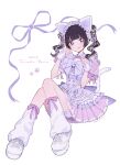  1girl :q absurdres animal_ear_hairband animal_ears black_hair bloomers bow bowtie buttons cat_ear_hairband cat_ears cat_tail collared_dress cross-laced_clothes double-breasted dress fake_animal_ears fake_tail fingerless_gloves frilled_hairband frills gloves hairband heart_button highres kyururin_tte_shitemite leg_warmers long_hair looking_at_viewer multicolored_hair nekosuitai_yo paw_pose puffy_short_sleeves puffy_sleeves purple_bow purple_bowtie purple_dress purple_eyes purple_ribbon real_life ribbon shoes short_sleeves simple_background smile sneakers solo tail tamaki_yane tongue tongue_out twintails two-tone_hair white_background 