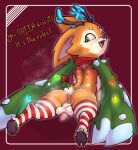 absurd_res antlers anus balls bow_ribbon brown_body brown_fur butt christmas christmas_decorations christmas_lights clothing deer fangs feral fur genitals green_eyes hi_res holidays hooves horn league_of_legends legwear looking_back lying male mammal mistletoe mistletoe_on_tail new_world_deer on_front pattern_clothing pattern_legwear pattern_thigh_highs penis plant puffy_anus red_nose reindeer riot_games simple_background smolder_(lol) snow solo steam striped_clothing striped_legwear striped_thigh_highs stripes tail teeth tencent text thigh_highs vetero