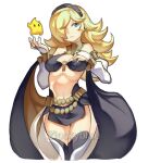  1girl alternate_costume armlet artist_name blonde_hair blue_eyes breasts bridal_gauntlets commentary cosplay dancer detached_sleeves english_commentary fire_emblem fire_emblem_awakening fire_emblem_heroes hair_over_one_eye hairband hand_on_own_chest highres jewelry long_hair luma_(mario) mario_(series) medium_breasts navel olivia_(fire_emblem) olivia_(fire_emblem)_(cosplay) open_mouth ring rosalina simple_background smile solo standing stomach super_mario_galaxy thighs watermark white_background zipskyblue 