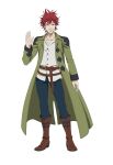  1boy absurdres belt black_clover black_clover_m:_rise_of_the_wizard_king blue_pants boots brown_belt brown_boots coat facial_hair fanzell_kruger full_body green_coat green_eyes highres long_coat looking_at_viewer non-web_source official_art open_clothes open_coat pants red_hair shirt short_hair simple_background solo spiked_hair stubble transparent_background white_shirt 