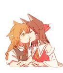  2girls animal_ears bigreen black_vest blonde_hair blush bow braid brown_hair closed_eyes closed_mouth commentary dog_ears dog_girl frilled_bow frilled_hair_tubes frills hair_bow hair_tubes hakurei_reimu highres holding_hands interlocked_fingers kemonomimi_mode kirisame_marisa licking licking_another's_face long_hair multiple_girls no_headwear red_bow side_braid simple_background single_braid tongue tongue_out touhou upper_body vest white_background yellow_eyes yuri 