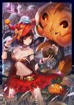  absurdres bad_id bad_pixiv_id bare_shoulders belt book bow bracelet breasts brown_hair choker cleavage closed_eyes full_moon ghost grass halloween hat hat_bow highres hong jack-o'-lantern jewelry leaf medium_breasts midriff moon navel night open_mouth original plant pumpkin purple_eyes short_hair skirt solo witch witch_hat wrist_cuffs 