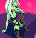 2022 alien alien_humanoid bra breasts cleavage clothed clothing disney feet female fingers freckles garter_belt garter_straps genitals green_body green_nipples green_skin hair hand_on_own_face hi_res humanoid humanoid_pointy_ears inker_comics legwear lingerie long_hair looking_at_viewer lord_dominator narrowed_eyes nipples noseless not_furry panties pink_sclera pointy_ears pubes sitting smile solo thigh_highs toes underwear vulva wander_over_yonder white_hair