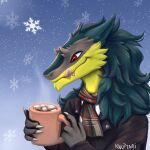  1:1 anthro beverage biker_jacket brom_(sahurus) candy cast chocolate claws dessert fluffy food fur green_body green_fur grey_body grey_fur hi_res hot_chocolate knopenri licking licking_lips male marshmallow red_eyes scarf sergal smile solo steam tongue tongue_out winter yellow_body yellow_fur 