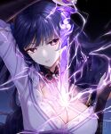  1girl arm_up armor artist_name braid breasts bridal_gauntlets cleavage close-up clothing_cutout eloru eyeliner genshin_impact gradient_sky hair_ornament head_tilt highres huge_breasts japanese_clothes kimono long_braid long_hair looking_at_viewer makeup mole mole_under_eye neck_ribbon night parted_lips pink_lips purple_eyes purple_hair purple_kimono raiden_shogun red_eyeliner red_ribbon ribbon shoulder_armor shoulder_cutout single_braid sky solo star_(sky) starry_sky upper_body watermark wide_sleeves 