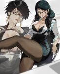  1girl absurdres alternate_universe bayonetta bayonetta_(series) bayonetta_2 bayonetta_3 black_bra black_hair black_pantyhose black_skirt bra breasts cleavage commentary glasses green_eyes highres jacket large_breasts looking_at_viewer multiple_views office_lady outstretched_leg pantyhose park_ongjol pencil_skirt skirt solo thick_thighs thighs underwear white_jacket 