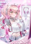  1girl commission computer_keyboard crop_top detached_sleeves drill_hair hair_ornament hair_ribbon hairclip hat headphones highres indie_virtual_youtuber indoors long_hair long_sleeves microphone midriff minaton mu_005555 musical_note navel nurse_cap pink_hair pink_ribbon ribbon skeb_commission solo twin_drills twintails virtual_youtuber wide_sleeves yellow_eyes 