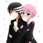  androgynous black_dress black_hair black_outfit black_shirt blue_eyes blush cherry_blossom cherry_blossoms child crona_(soul_eater) cuff_links death_the_kid dress flower gold_eyes high_collar holding hug hug_from_behind melloskitten multi-colored_hair multicolored_hair petals pink_hair shirt short_hair simple_background smile soul_eater two-tone_hair white_background white_hair yaoi yellow_eyes 