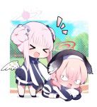  >_< <|>_<|> 2girls :d absurdres angel_wings black_hat black_shoes blue_archive blue_jacket blue_shorts blush chibi chibi_only closed_eyes commentary_request day double_bun full_body hair_bun halo hat head_wings highres jacket koharu_(blue_archive) long_hair long_sleeves looking_at_another low_wings mika_(blue_archive) multiple_girls notice_lines open_mouth outdoors pink_hair pink_halo shoes shorts sleeves_past_fingers sleeves_past_wrists smile socks standing stretching track_jacket white_socks wings xd you_(noanoamoemoe) 