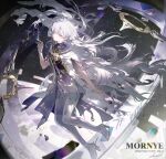  1girl bai_qi-qsr breasts character_name closed_mouth dress earrings english_text floating_hair full_body grey_hair hair_over_one_eye halo hand_up high_heels highres id_card jacket jewelry long_hair looking_at_viewer mornye_(wuthering_waves) purple_dress red_eyes see-through_body signature sky small_breasts solo space star_(sky) starry_sky tacet_mark_(wuthering_waves) triangle_earrings white_jacket wuthering_waves 