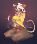  2023 anthro bangs black_nose breasts brown_eyelids brown_hair clothed clothing clothing_lift colored digital_drawing_(artwork) digital_media_(artwork) domestic_cat ear_piercing ear_ring eyelashes felid feline felis female green_eyes hair hairless hairless_cat half-closed_eyes heterochromia hi_res kneeling legwear long_sleeves looking_at_viewer mammal markings multicolored_hair narrowed_eyes no_underwear orange_eyes pantyhose piercing ponytail ring_piercing shaded shirt shirt_lift short_hair simple_background smile smiling_at_viewer solo sphynx_(cat) spots spotted_body tail topwear two_tone_hair ulitochka white_hair yellow_clothing yellow_shirt yellow_topwear 