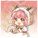  1girl animal animal_ear_hood animal_ears baby_animal black_shirt border brown_arm_warmers brown_cloak brown_eyes cape cat chibi chinese_commentary cloak clothed_animal commentary_request creature crop_top cropped_torso ear_covers eyelashes fake_animal_ears fake_antlers fang fingerless_gloves forest_folk_(infinity_nikki) fur-trimmed_cloak fur-trimmed_hood fur_trim gloves halftone halftone_background happy holding holding_creature hood hood_up hooded_cloak horned_hood horns infinity_nikki light_blush looking_at_creature momo_(nikki) nikki_(nikki) nikki_(series) notice_lines official_alternate_costume open_mouth outline outside_border pink_background pink_hair red_cape shadow shirt short_hair smile sproutborne_behemoth_(infinity_nikki) white_border white_cat white_cloak white_gloves white_outline yehang_hang_zhenxing yellow_pupils zoom_layer 