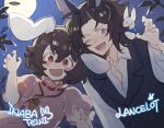  1boy 1girl :d ;d ahoge animal_ears black_hair blue_eyes blue_vest blush carrot character_name claw_pose commentary_request crossover dress granblue_fantasy hand_up hands_up highres inaba_tewi kemonomimi_mode lancelot_(granblue_fantasy) long_hair looking_at_viewer luminous_slime one_eye_closed open_mouth pink_dress rabbit rabbit_boy rabbit_ears rabbit_girl red_eyes shirt short_hair smile touhou upper_body vest white_shirt 