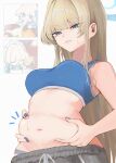  1girl alternate_costume belly_grab blonde_hair blue_archive blue_eyes blue_nails blue_panties blue_sports_bra breasts chibi chibi_inset closed_mouth commentary_request fingernails frown glutton highres koyuuuuuuuuuuu long_hair multicolored_hair nail_polish navel no_shirt panties panty_peek plump signature solo sports_bra stomach straight_hair streaked_hair sweat toki_(blue_archive) underwear upper_body weight_conscious 