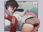  1girl ass bed bedroom bent_over border brown_hair candy commentary_request cowboy_shot ear_piercing food grey_border highres hood hoodie jacket leaning_forward lollipop looking_at_viewer looking_back nail_polish open_mouth original outside_border panties piercing pillow poritive purple_eyes red_nails see-through_clothes short_hair solo tongue tongue_out underwear 