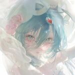  1girl blue_eyes blue_hair bug butterfly butterfly_hair_ornament choker detached_sleeves eyelashes flower gem hair_ornament highres lips long_hair looking_at_viewer original parted_lips pink_flower portrait red_gem solo square veil watermark white_butterfly white_choker white_veil yikou_yizhi 