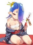  1girl alternate_costume arrow_(projectile) black_kimono blue_hair breasts chest_sarashi closed_mouth collarbone colored_extremities commentary_request earrings gradient_hair hair_ornament hair_over_one_eye hair_stick heart heart-shaped_pupils highres holding holding_arrow japanese_clothes jewelry kimono long_hair looking_at_viewer multicolored_hair multiple_earrings octoling pink_pupils purple_hair red_eyes sarashi shiver_(splatoon) short_eyebrows simple_background sitting small_breasts smile solo splatoon_(series) symbol-shaped_pupils t2ukmyjm tentacle_hair thick_eyebrows tooth_earrings two-tone_hair white_background 