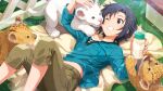  1girl animal antenna_hair baby_animal baby_bottle black_hair blue_shirt bottle brown_pants commentary_request game_cg grin holding holding_bottle idolmaster idolmaster_(classic) idolmaster_million_live! idolmaster_million_live!_theater_days kikuchi_makoto lion lion_cub long_sleeves looking_at_animal lying midriff_peek official_art on_back on_floor one_eye_closed pants shirt short_hair smile solo third-party_source 
