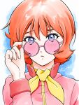  1girl absurdres adjusting_clothes adjusting_eyewear closed_mouth commentary dated fraw_bow gundam hand_on_eyewear hand_up highres jacket kobakin looking_at_viewer mobile_suit_gundam neckerchief pink-framed_eyewear pink-tinted_eyewear pink_jacket portrait raised_inner_eyebrows red_hair round_eyewear short_hair signature solo sunglasses tinted_eyewear yellow_neckerchief 