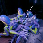 alien alien_humanoid animal_humanoid antennae_(anatomy) arthropod arthropod_humanoid bed bedroom_sex black_hair blender_(artwork) blue_eyes bodily_fluids cum cum_on_self demon digital_media_(artwork) furniture genital_fluids hair hi_res hotel humanoid imp insect insect_humanoid licking male night purple_body razar_(ilovdota2) sweat sweatdrop tongue xenomaker_(artist)