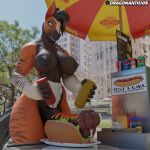 1:1 3d_(artwork) absurd_res animal_genitalia animal_penis anthro apron areola balls big_balls big_breasts big_penis black_hair breasts city clothing condiment_bottle curvy_figure day detailed_background digital_media_(artwork) dragonantojos english_text equid equine equine_genitalia equine_penis erection female food food_fetish food_play food_stall genitals glistening glistening_areola glistening_balls glistening_genitalia glistening_nipples hair hi_res hot_dog_stand intersex ketchup looking_at_viewer mammal marcia_(leodamodeler) mustard nipples nude outside penis serving_food smile solo standing text thick_thighs vendor wide_hips widescreen