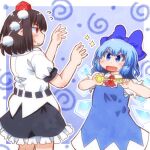  2girls ascot black_skirt blue_bow blue_dress blue_eyes blue_hair blush bow brown_hair cirno collared_shirt commentary_request crime_prevention_buzzer crime_prevention_buzzer_threat detached_wings dress fang flying_sweatdrops frilled_skirt frills hair_bow hat ice ice_wings matty_(zuwzi) multiple_girls open_mouth pinafore_dress pointy_ears pom_pom_(clothes) puffy_short_sleeves puffy_sleeves red_ascot red_eyes red_hat shameimaru_aya shirt short_sleeves skirt sleeveless sleeveless_dress smile sweatdrop tokin_hat touhou white_shirt wings 
