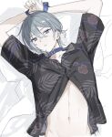  18trip 1boy arms_up bdsm black_shirt blue_collar bondage bound buttons collar collarbone floral_print grey_eyes grey_hair hachinoya_nagi hair_between_eyes highres lying male_focus medium_hair navel no_pants on_back on_bed open_clothes open_shirt pankajiru ponytail shirt short_ponytail solo stomach 
