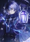  1boy artist_name blue_hair closed_mouth flins_(genshin_impact) genshin_impact highres holding holding_lantern lantern long_hair male_focus pale_skin purple_light solo upper_body yellow_eyes 
