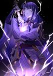  1girl armor blunt_bangs braid breasts bridal_gauntlets cleavage clothing_cutout drawing_sword electricity english_commentary fan_hair_ornament genshin_impact glowing glowing_eyes glowing_sword glowing_weapon hair_ornament highres holding holding_sword holding_weapon human_scabbard japanese_clothes katana kimono large_breasts lingerie long_braid long_hair looking_to_the_side mitsudomoe_(shape) mole mole_under_eye musou_isshin_(genshin_impact) parted_lips purple_eyes purple_hair purple_kimono purple_thighhighs raiden_shogun red_sash sash shiraki_art shoulder_armor shoulder_cutout single_braid solo sword sword_between_breasts thighhighs tomoe_(symbol) underwear weapon wide_sleeves 