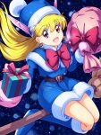  1girl akazukin_chacha belt blonde_hair blue_boots blue_capelet blue_dress blue_hat boots bow box broom broom_riding brown_belt capelet christmas commentary_request dress earrings full_body gift gift_box hat highres holding holding_gift holding_sack jewelry knee_boots long_hair looking_at_viewer magical_girl magical_princess mimimix mittens open_mouth pink_mittens red_bow red_eyes red_ribbon ribbon sack santa_hat sidesaddle sitting sky smile solo star_(symbol) star_earrings wing_hat_ornament 