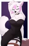 2026 anthro biped blue_eyes border breasts canid canine canis claws clenched_teeth clothed clothed_anthro clothed_female clothing digital_drawing_(artwork) digital_media_(artwork) dress female finger_claws fingers front_view fur hair knife looking_at_viewer mammal simple_background smile solo standing tail teeth white_body white_border white_fur white_hair white_tail wolf wolflady