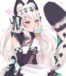  1girl absurdres animal_ears apron breasts cat_ears cat_girl cat_tail food hair_ribbon highres huge_breasts ice_cream indie_virtual_youtuber long_hair maid maid_apron maid_headdress miraclaw non-web_source pink_eyes qui ribbon snow_leopard_ears snow_leopard_girl snow_leopard_tail solo tail virtual_youtuber white_background white_hair 