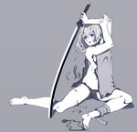  arms_up bandages bare_legs bare_shoulders barefoot blue_eyes breasts copyright_request cutting_hair eyebrows eyepatch green_panties hair_between_eyes katana medium_breasts navel pale_skin panties parted_lips razu_(rus) severed_hair shorts silver_hair sitting solo sword underwear unzipped weapon 