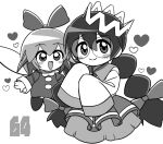 2girls braid crown fairy fairy_wings freckles glasses greyscale heart highres kirby_(series) kirby_64 kusaremix long_hair low_twin_braids monochrome multiple_girls open_mouth ribbon_(kirby) ripple_star_queen simple_background sleeves_past_fingers sleeves_past_wrists smile twin_braids white_background wings 