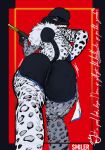 absurd_res animal_print anthro big_butt brothersmiler butt butt_focus canid canine canis chaps clothing domestic_dog female golden_gun hi_res holding_object holding_weapon leg_focus leopard_print looking_at_viewer low-angle_view mammal motion_lines poodle presenting presenting_hindquarters red_background shaking_butt signature simple_background solo tail teasing teasing_viewer text trilla_(brothersmiler) weapon white_clothing worm's-eye_view