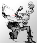  1girl alice_thymefield animal_ears ben-day_dots closed_mouth commentary dated_commentary dot_mouth dynamic_pose gradient_background greyscale hair_over_one_eye highres holding holding_weapon long_hair looking_at_viewer monochrome motion_blur otimusyairoha pantyhose paper_texture rabbit_ears screentones simple_background skirt solo spot_color twintails twitter_username weapon white_background zenless_zone_zero 