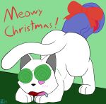  abdominal_bulge ambiguous_penetration bodily_fluids bow_ribbon christmas dildo dildo_insertion dildo_on_wall domestic_cat drooling eyewear felid feline felis female feral fur glasses green_eyewear green_glasses hi_res holidays humanoid_dildo leaning leaning_forward looking_pleasured mammal masturbation penetration pink_eyes plm40 saliva sex_toy sex_toy_insertion simple_background solo spiral_glasses wearing_glasses white_body white_fur 